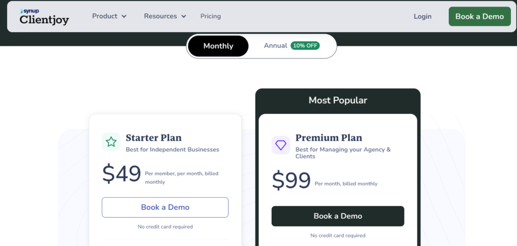 Clientjoy CRM monthly Plans