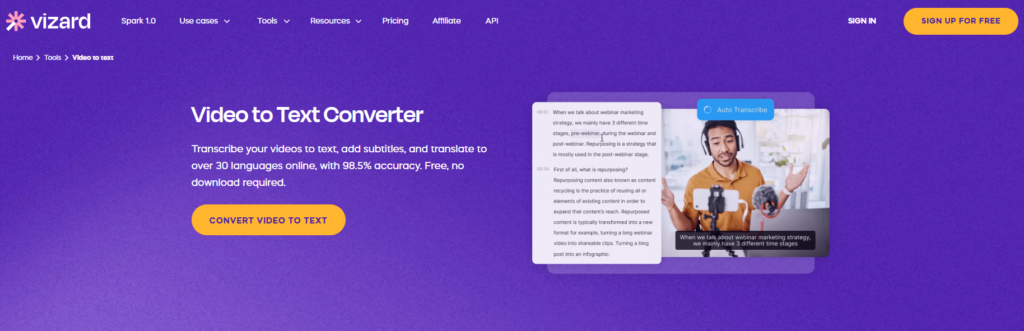 Vizard.ai's Video to Text Tool